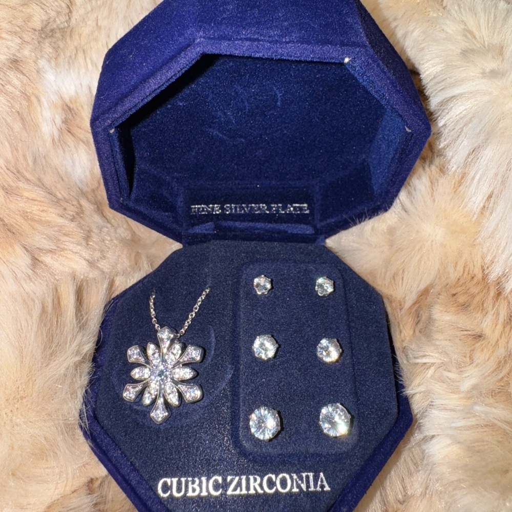 NIB Jewelry Set w/Snowflake Necklace & Three sets CZ Earrings - Picture 3 of 5